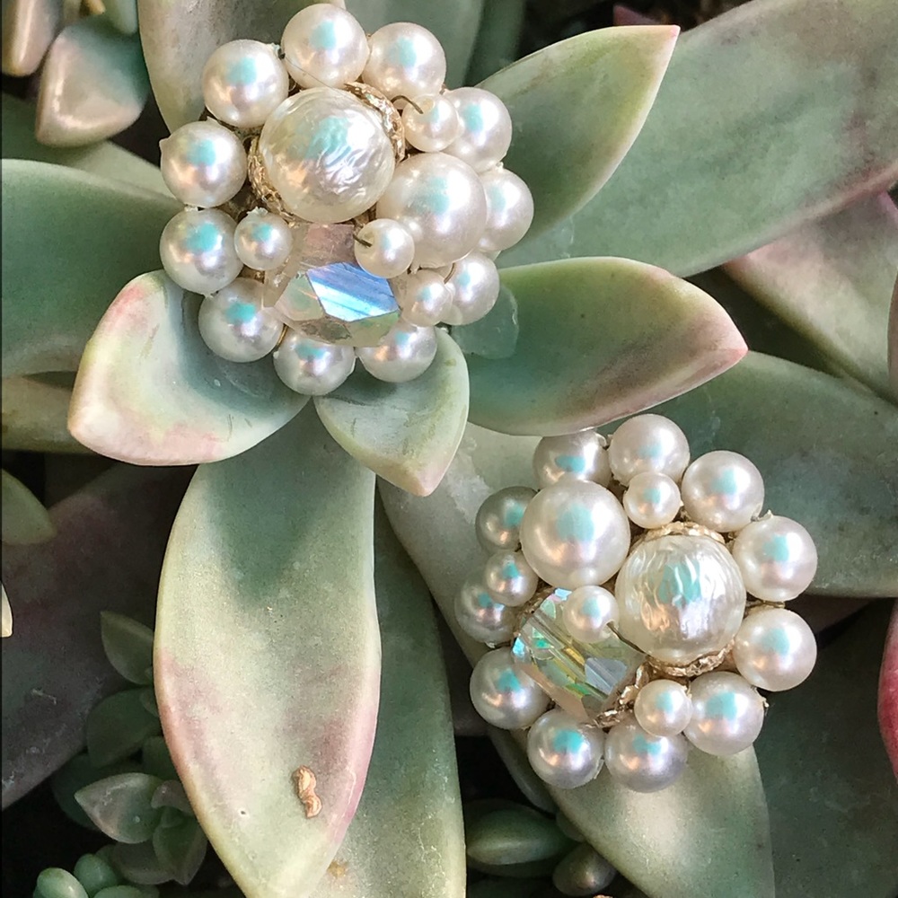 VTG Signed Pearl Rhinestone Cluster Clip Ons